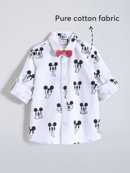 Hopscotch - White Mickey Mouse Cotton Roll-Up Sleeves Shirt with Bow