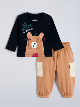 Hopscotch - Black Bear Applique Cotton T-shirt & Joggers