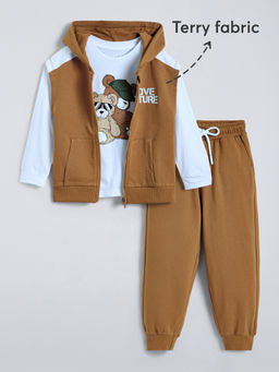 Hopscotch - Brown Pure Cotton Teddy Sweatshirt & T-shirt with Joggers