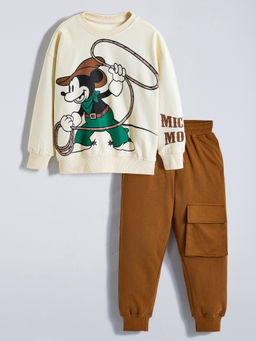 Hopscotch - Beige Cowboy Mickey Lasso Cotton Sweatshirt & Joggers