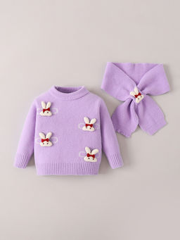 Hopscotch - Purple Bunny Applique Textured Sweater with Scarf