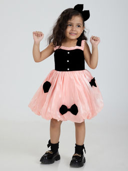 Hopscotch - Peach Bow Applique Ruffled Dress with Hairband