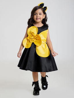 Hopscotch - Black Floral Applique Dress with Hairband
