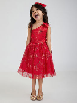 Hopscotch - Red Sequin Embellished Dress with Hairband