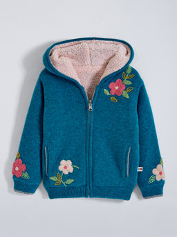Hopscotch - Blue Floral Embroidered Textured Jacket