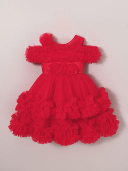 Hopscotch - Red Ruffle Embellished Fit and Flare Dress
