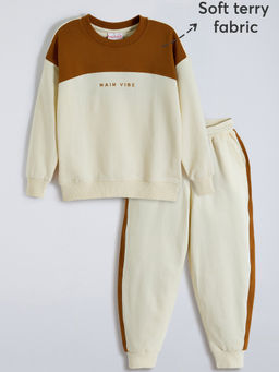 Hopscotch - Beige Cotton Colorblock Sweatshirt and Joggers