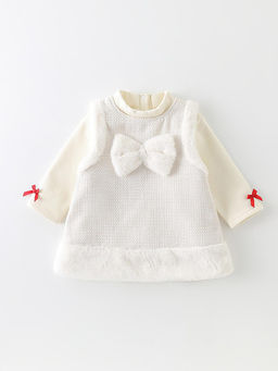 Hopscotch - Off White Bow Applique Textured Dress with Top