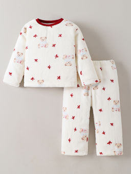 Hopscotch - White Teddy Print Textured Top and Pyjama