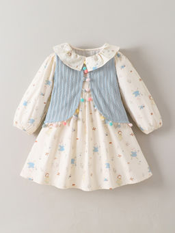 Hopscotch - Off White Pom Pom Peter Pan Collar Dress with Waistcoat