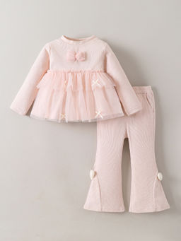 Hopscotch - Peach Bow Applique Ruffled Top & Pant