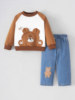 Hopscotch - Brown Teddy Applique Sweatshirt and Jeans