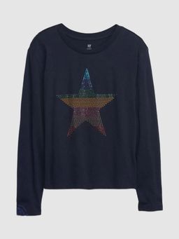 GAP - Kids Navy Blue Relaxed Sequin Crew Neck T-Shirt