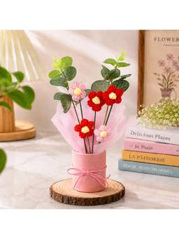Cortina - Handmade Artificial Sunflower Mini Bouquet Crochet Flower Pot Red