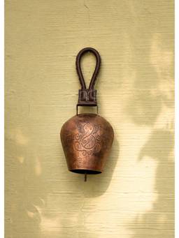 DULI - Ganesha Antique Copper Finish Metal Bell Hanging Accent with Leatherette Strap