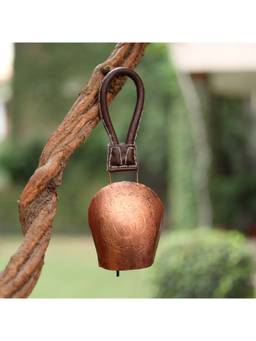 DULI - Om Engraved Antique Copper Finish Metal Bell Hanging with Leatherette Strap