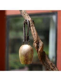 DULI - Antique Brass Finish Metal Bell Ganesha Wall Accent with Leatherette Strap