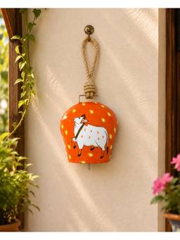 DULI - Artisanal Kamadhenu Cow Painted Vintage Orange Metal Bell Wall Charm for Home