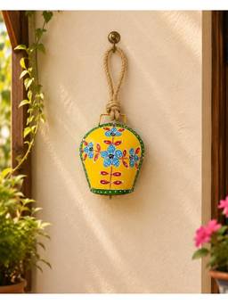 DULI - Vivid Floral Hand-Painted Yellow Metal bell Wall Hanging with Jute Rope
