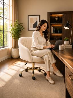 Doe Buck - Louise Modern Beige Velvet Office Chair with Gold Swivel Base & Wheels