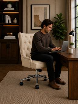 Doe Buck - Amparo Beige Leatherette Executive Office Chair with Diamond Button Tufted Backrest