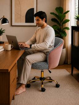 Doe Buck - Paolo Pink Houndstooth Upholstered Swivel Office Chair with Curved Backrest
