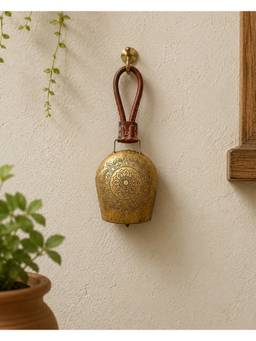 DULI - Crafted Sunburst Mandala Engraved Antique Gold Metal Bell Accent with Leather Strap