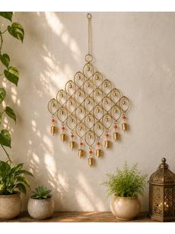 DULI - Handcrafted Golden Diamond Lattice Metal Wall Hanging with Beads & Bells