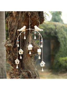 DULI - Rustic White Birdhouse Metal Wall Hanging with Bells for Home Decor