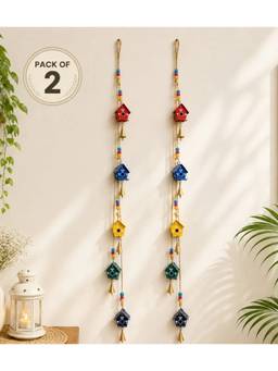 DULI - Pack of 2 Vibrant Birdhouse Metal Hanging Chime Garland with Beads & Bells
