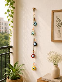 DULI - Protective Evil Eye Metal Bell String Wall Hanging Charm with Jute Cord