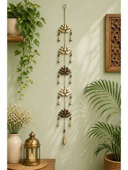 DULI - Antique Gold Lotus Tiered Metal Wall Hanging String with Chime Bells