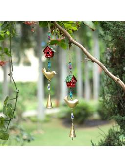 DULI - Pack of 2 Handcrafted Red Birdhouse & Golden Bird Metal Wall Hanging (Pack of 2)