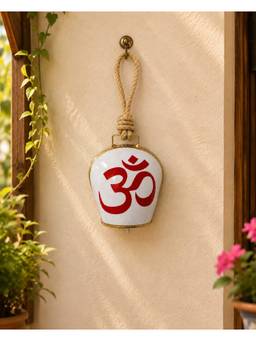 DULI - Om Hand-Painted White & Red Metal Cowbell Wall Hanging Accent with Jute Rope