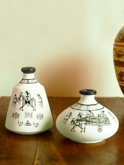 ExclusiveLane - Terracotta Warli Handpainted Set Of 2 Pots Showpieces In White