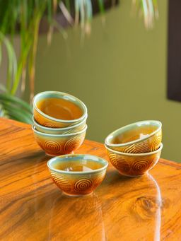 ExclusiveLane - Peacock Boulevard Hand-Engraved Ceramic Dining Bowl Katoris (Set of 6)