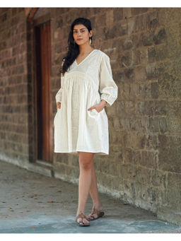 Chidiyaa - Safed Mist On Marble White Block Printed Dress