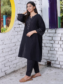 Zuri - Black Embroidered Cotton Dobby Kurta with Cotton Pant - Set of 2
