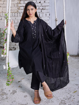 Zuri - Black Embroidered Cotton Dobby Kurta with Cotton Pant and Embroidered Dupatta- Set of 3