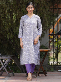 Zuri - Lavender White Printed Cotton Kurta with Cotton Pant - Set of 2