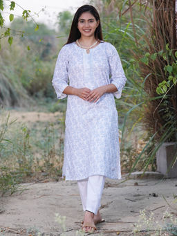 Zuri - White Blue Printed Cotton Kurta with White Pant - Set of 2