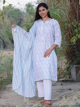 Zuri - White Blue Printed Cotton Kurta with White Pant and Embroidered Dupatta- Set of 3