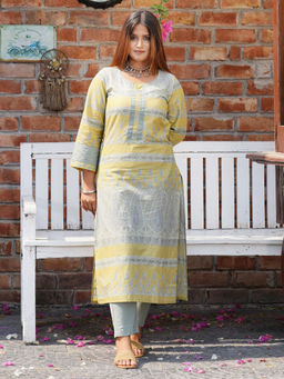 Zuri - Olive Green Printed Cotton Kurta with Olive Geen Pant - Set of 2