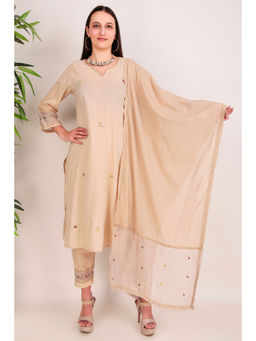 Zuri - Beige Hand Embroidered Cotton Kurta Paired With Pant And Dupatta (Set of 3)