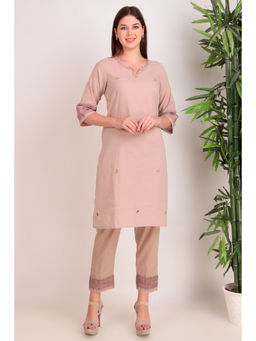 Zuri - Beige Hand Embroidered Multicolour Cotton Kurta Paired With Matching Pant (Set of 2)