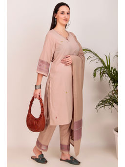 Zuri - Brown Hand Embroidered Cotton Kurta With Matching Pant And Dupatta (Set of 3)