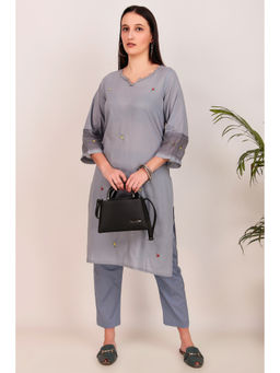 Zuri - Dark Blue Hand Embroidered Multicolour Cotton Kurta Paired With Matching Pant (Set of 2)