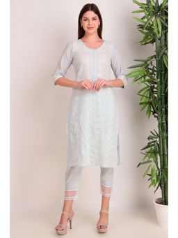Zuri - Sky Blue Full Embroidered Cotton Kurta with matching pant laces with organza.