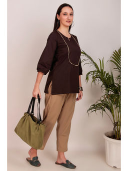 Zuri - Short Brown cotton kurti with lace work with pant