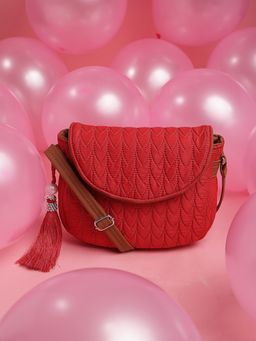 Anekaant - Uno Valentine Red and Tan Polyester and Vegan Leather Chevron Quilted Sling Bag